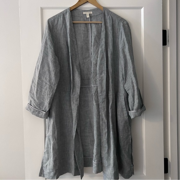 Eileen Fisher Organic Linen Chambray Long Jacket w/ Pockets Open Front M - Picture 2 of 5